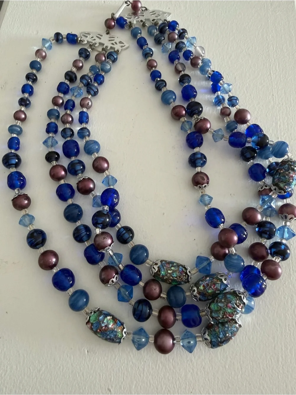 Vintage Triple-Strand Blue & Purple Art Glass Beaded Necklace - Women Jewelry
